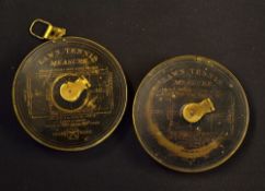 2x early brass lawn tennis measuring tapes both with "Cross Arrows" trademark logo, black and gilt