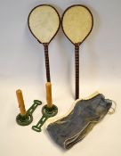 Pair of long handle battledores with decorative paper wrapped handles and frame overall 17"#