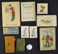 Novelty Golfing Items consisting of a needle case with 1930s lady, pop up greeting card, playing