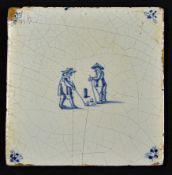 Dutch Delft Kolfing Scene Tile in blue and white, with decorative floral design to the corners