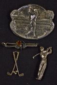 Golfing Brooches and Charms to include white metal large brooch with vintage golfer, silver golf
