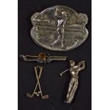 Golfing Brooches and Charms to include white metal large brooch with vintage golfer, silver golf