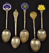 Tennis - 5 x various silver, silver and enamel tennis teaspoons from 1926 onwards - each with