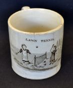 Scarce Staffordshire ware tennis mug c.1880 - with a transfer scene showing two girls playing lawn