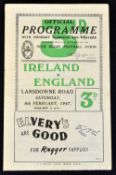 1947 Ireland v England (Champions) rugby programme played at Lansdowne Road with Ireland foiling