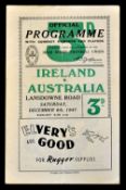 1947 Ireland vs Australia rugby programme played at Lansdowne Road Australia winning 16-3 usual