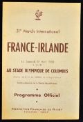 1958 France v Ireland rugby programme played at Stade Olympique De Colombes - some slight