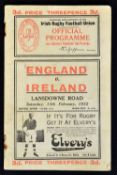 1932 Ireland (Champions) vs England rugby programme played at Lansdowne Road with Ireland sharing