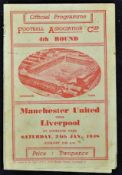 1947/1948 Manchester United v Liverpool Football programme FA Cup 4th Round at Goodison Park