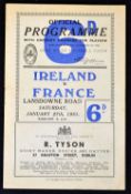 1951 Ireland (Champions) v France rugby programme played at Lansdowne Road Ireland went undefeated