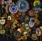 Mixed foreign selection of Football Lapel pin badges 1950s to modern eras mostly pin stick badges,