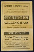 1914/15 Gillingham v Reading Football programme dated 21st November a Southern League match in