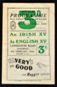 1946 Irish XV v English XV Victory rugby programme played at Lansdowne Road usual pocket folds and