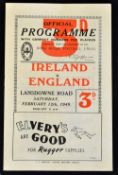 1949 Ireland (Champions) v England (runners up) rugby programme played at Lansdowne Road and appears