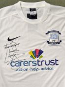 Mark Lawrenson signed Preston North End Football shirt home white short sleeve replica shirt, signed
