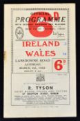 1952 Ireland v Wales (Grand Slam) rugby programme played at Lansdowne Road c/w hand written score to