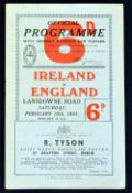 1951 Ireland (Champions) v England rugby programme played at Lansdowne Road Ireland went
