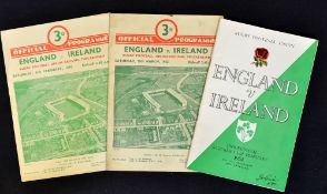 3x 1950's England v Ireland rugby programmes all played at Twickenham to incl '50, '52 both single