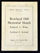 1929 Rowland Hill Memorial match rugby programme between England and Wales vs Scotland and Ireland