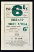 1951 Ireland vs South Africa rugby programme played at Lansdowne Road slight pocket fold otherwise