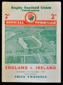 1939 England v Ireland (runners up) rugby programme played at Twickenham large single folded card