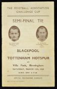 1948 FA Cup Semi Final Blackpool v Tottenham Hotspur Football programme date 13 Mar, minor marks