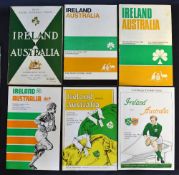 Collection of Ireland vs Australia rugby programmes from the late 1950s onwards to include '58, '67,