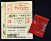1938 Ireland vs England rugby programme and ticket played at Lansdowne Road with Ireland Runners Up,
