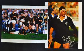 2x New Zealand Rugby legends signed photographs to incl Wayne "Buck" Shelford in line out and