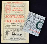 1931 Ireland vs Scotland (runners up) rugby programme and ticket played at Lansdowne Road c/w ticket