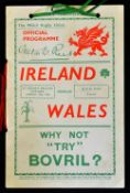 1938 Wales (runners up) v Ireland rugby programme played at St Helen's Ground Swansea with added red