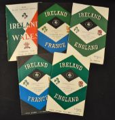 5x Ireland Five Nations rugby programmes 1960 onwards to include vs Wales '60, vs France '61 & '63 ,