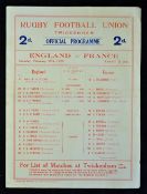 1928 England (Grand Slam Champions) v France rugby programme played 25th February at Twickenham,