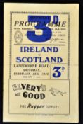 1950 Ireland v Scotland (runners up) rugby programme played at Lansdowne Road, single folded card