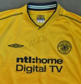 Signed Henrik Larsson Celtic Football shirt a yellow replica shirt signed to the front, blank to the