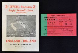 1933 England v Ireland (runners up) rugby programme and ticket played at Twickenham large single