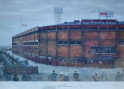 1958 Manchester United Old Trafford football signed colour print signed by the artist David Wheldon,