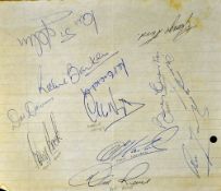 Exercise book page featuring 12x autographs of footballers to include Don Revie, Bobby Charlton, Pat