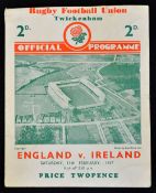 1937 England (Grand Slam) v Ireland (runners up) rugby programme played at Twickenham large single