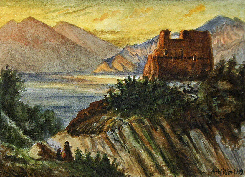 Adolf Hitler attributed watercolour drawing dated 1909 depicting a mountainous lake with castle