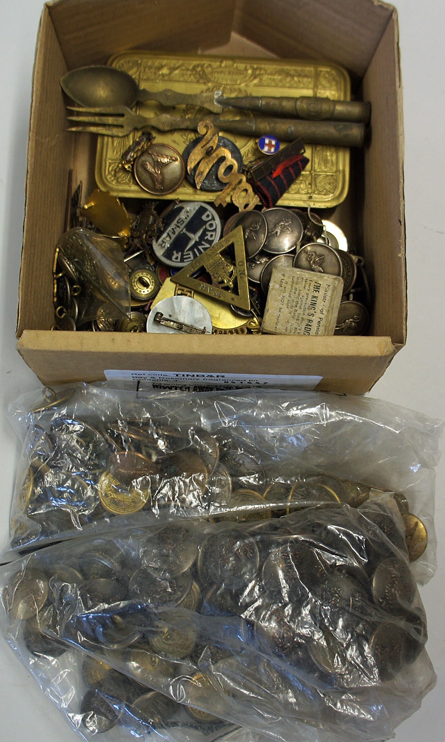 Collection of Buttons and Badges to include WWI Princess Mary Tin, Trench Art Spoon and Fork and