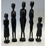 African Wood Tribal Figures to include 3x tall female figures tallest measures 33cm approx. and 2x