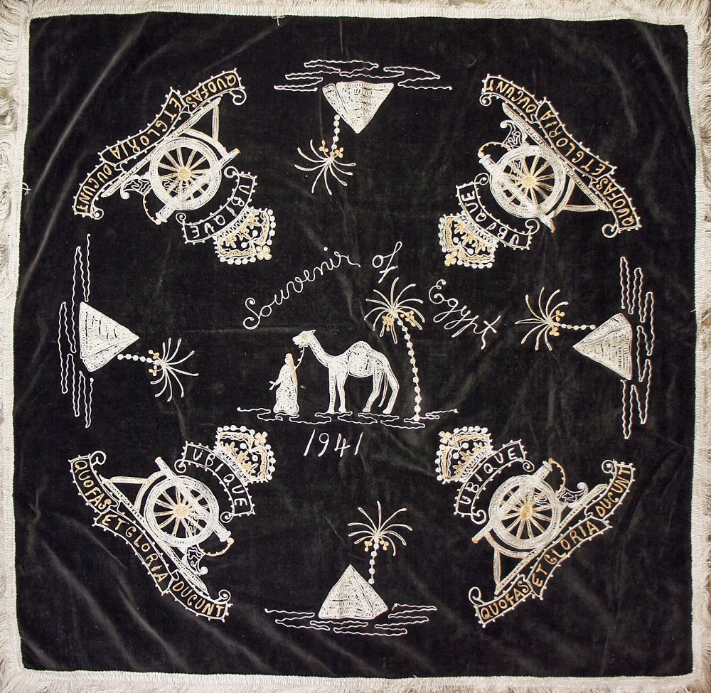 Very Beautiful Large Patriotic Woven Silk on Velvet entitled 'Souvenir of Egypt 1941' Coat of Arms