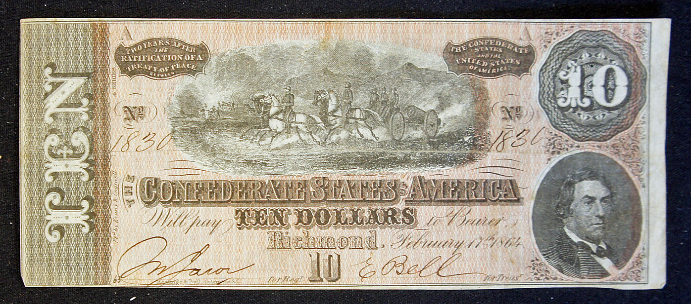 1864 Confederate States 10 Dollar Banknote issued by Confederate States treasury during the Civil