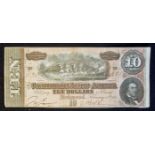 1864 Confederate States 10 Dollar Banknote issued by Confederate States treasury during the Civil