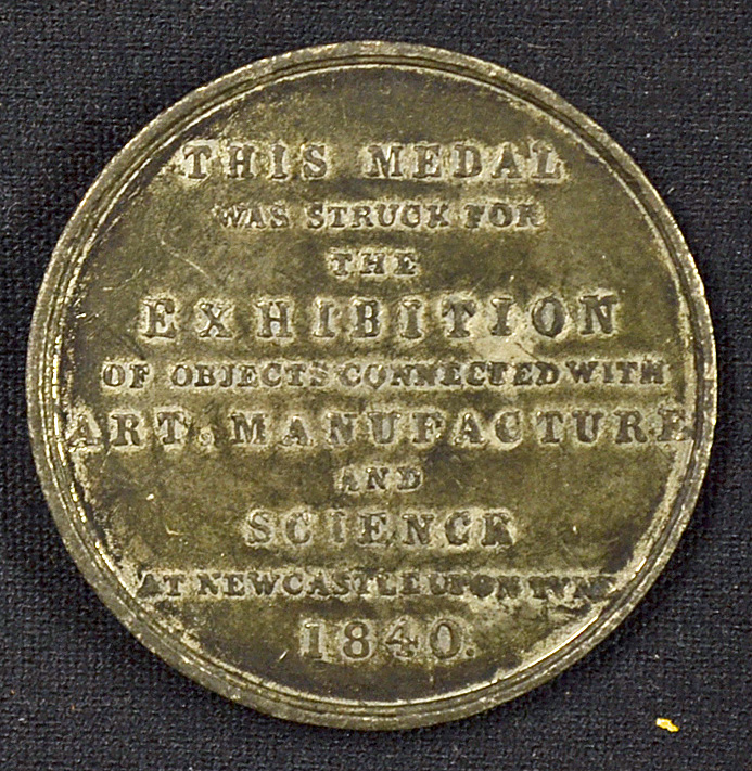 Newcastle Exhibition Medallion 1840 for Arts, Manufacture & Science to the obverse; Tower. The