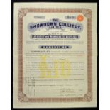 Great Britain The Snowdown Colliery Ltd. Debenture Certificate 1913 (Kent) for £10, ornate brown