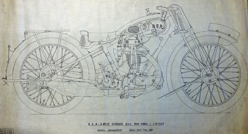 Original 1928 BSA Motorcycle Plans displaying the general arrangement of the BSA 3.49hp Standard O.