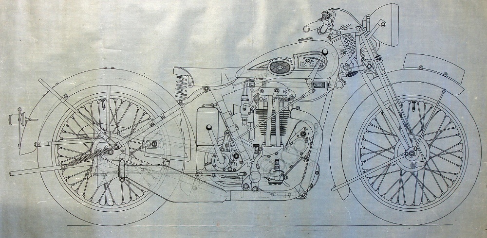 Original 1931 BSA Motorcycle Plans displaying the general arrangement of the BSA 2.49hp O.H.V Deluxe