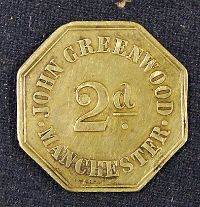 Omnibus Early Manchester Omnibus Outside 2d Brass Ticket Circa 1840 - 50s. John Greenwood ran this